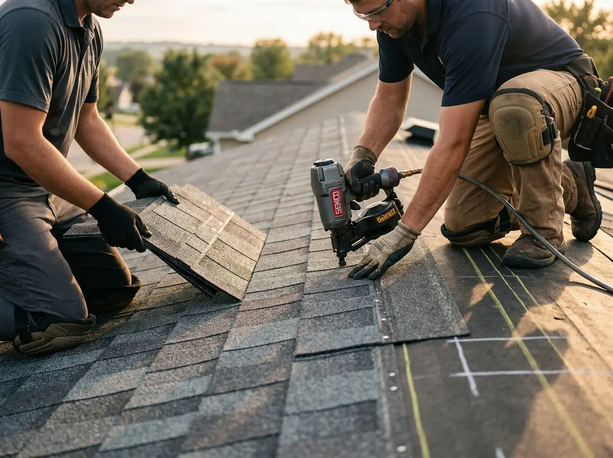 Professional roofer working on a residential roof in Sedalia